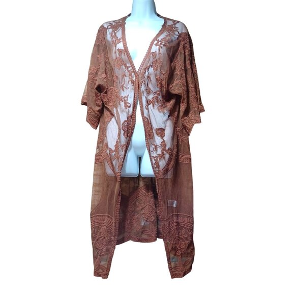 Dizzy Gal Embroidered Floral Lace Kimono Duster Rust Brown Womens S Boho Indie - Picture 1 of 6
